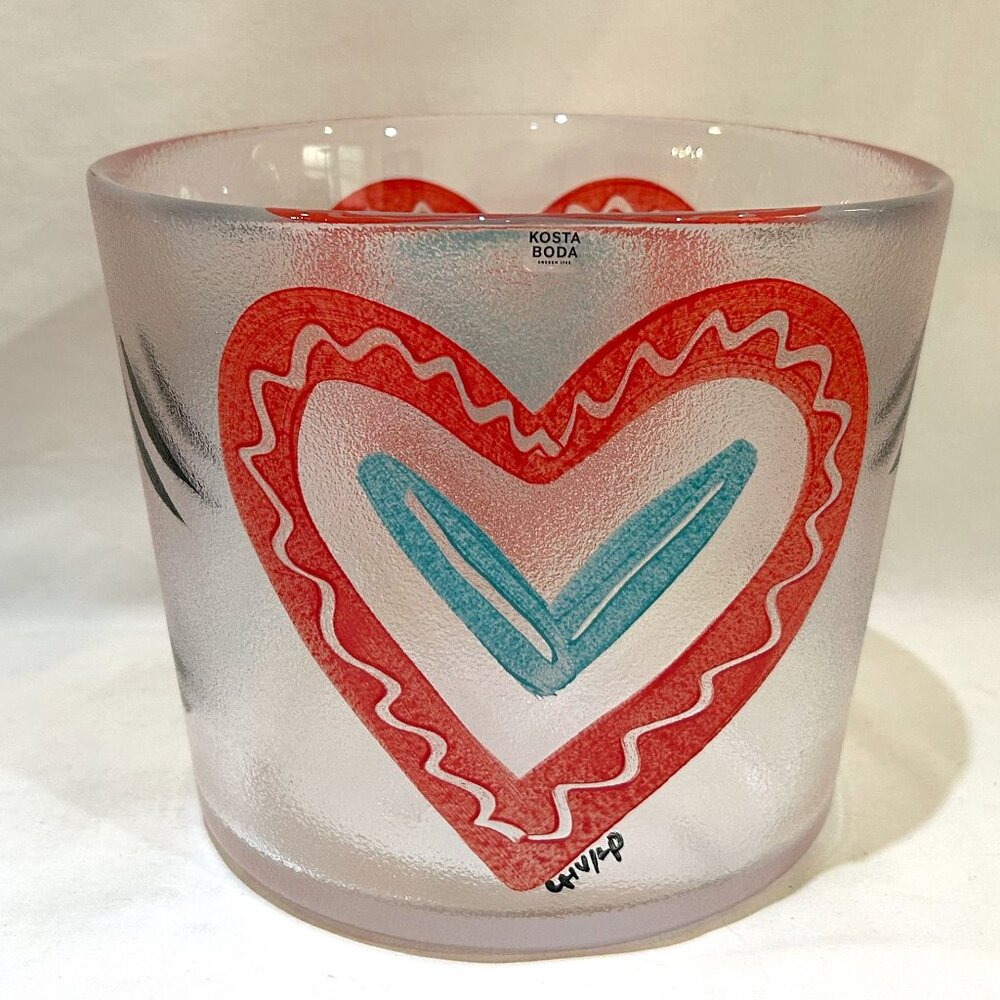 Kosta Boda Art Glass LOVELY Heart Ice Bucket Hand Painted Ulrica Hydman-Vallien